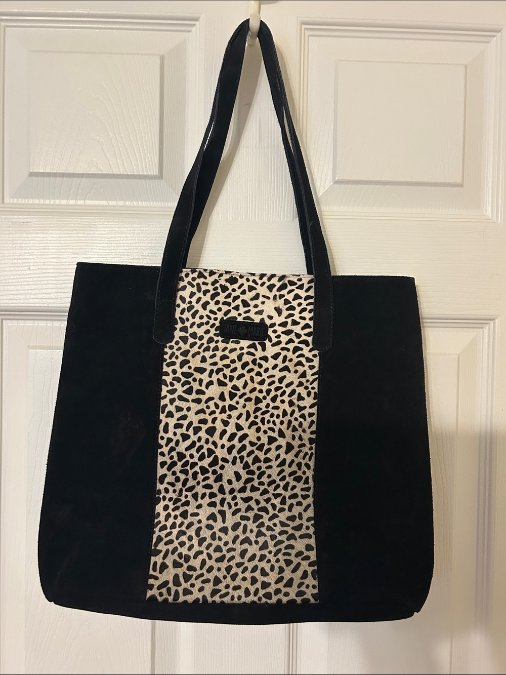 Black Suede Tote with Cream and Black Leopard Panel